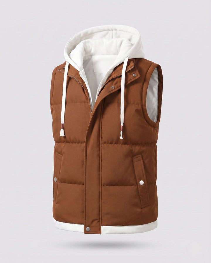Men's quilted hooded vest in layer look with soft fleece lining