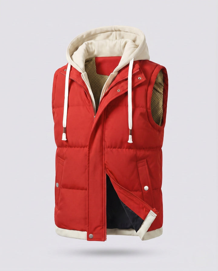 Men's quilted hooded vest in layer look with soft fleece lining
