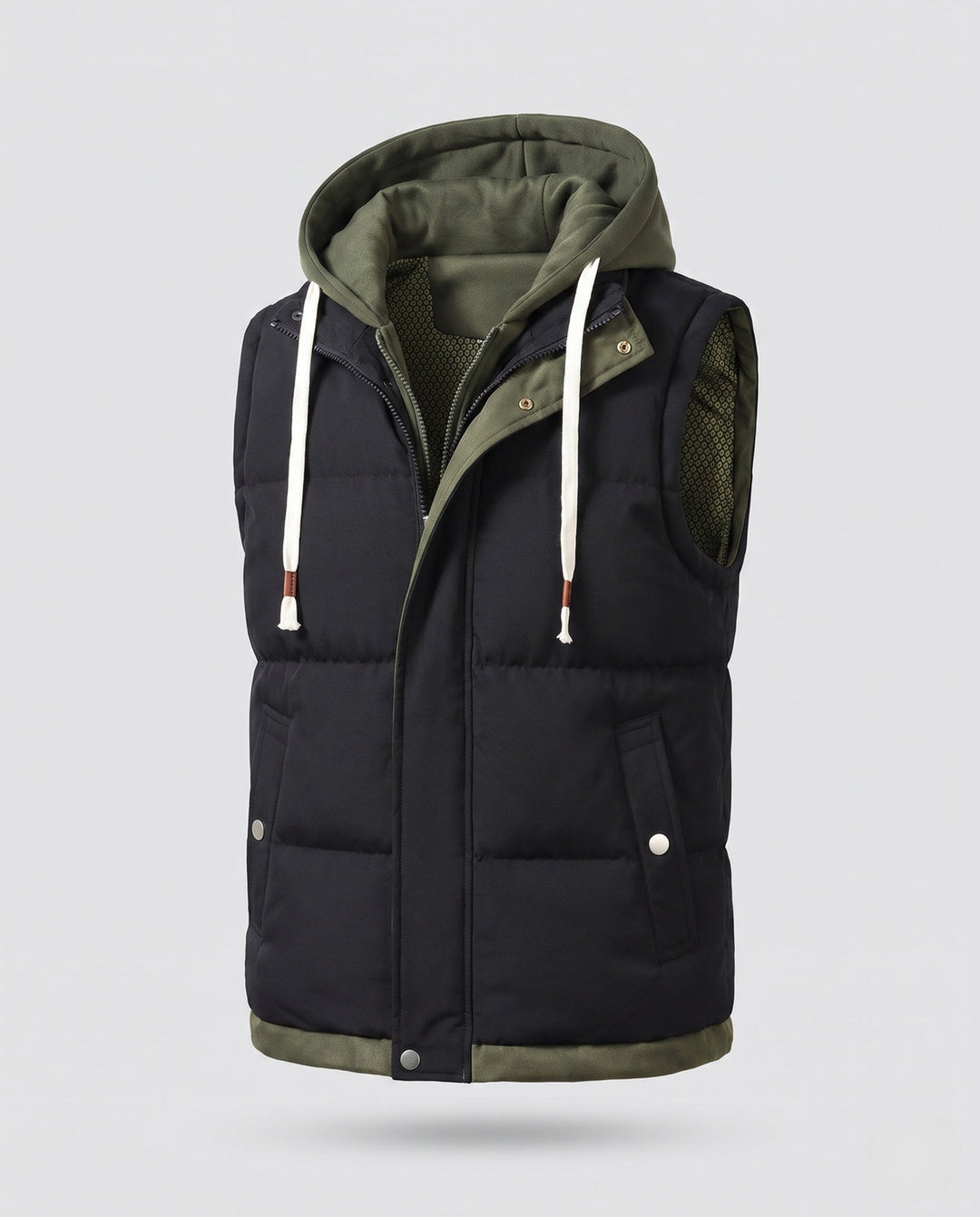 Men's quilted hooded vest in layer look with soft fleece lining