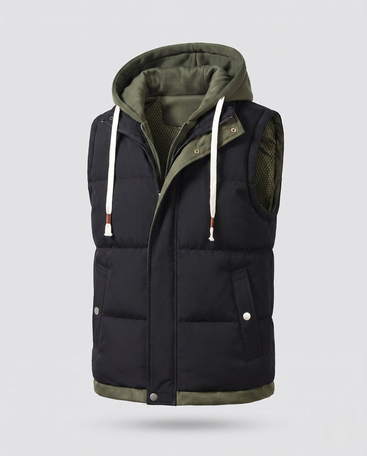 Men's quilted hooded vest in layer look with soft fleece lining