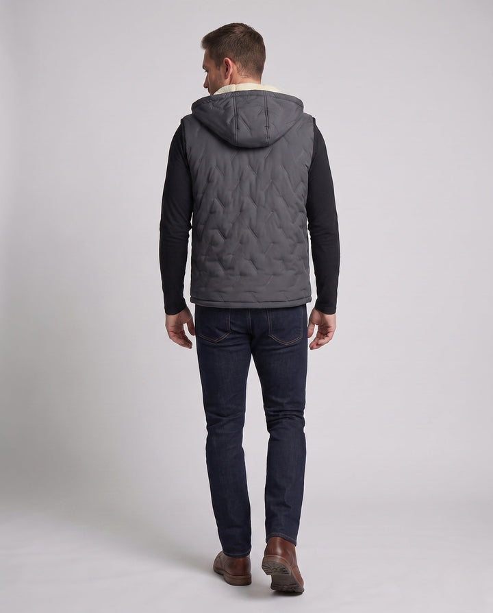 Men's quilted hooded vest with warming Sherpa lining and concealed zip pockets