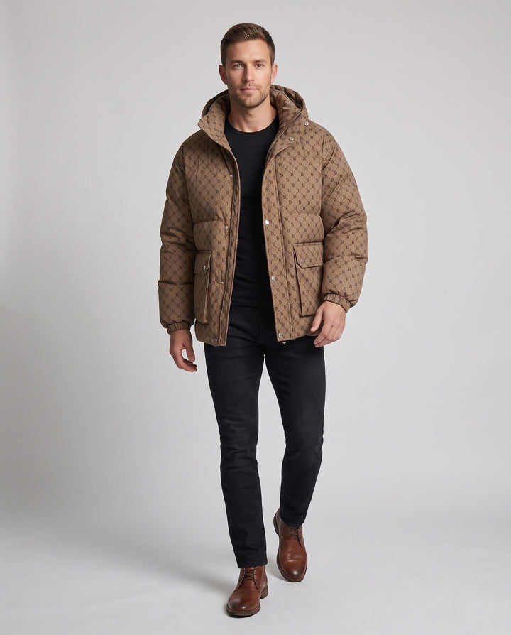 Men's quilted oversized parka with hood, allover monogram, snap button placket, and large patch pockets