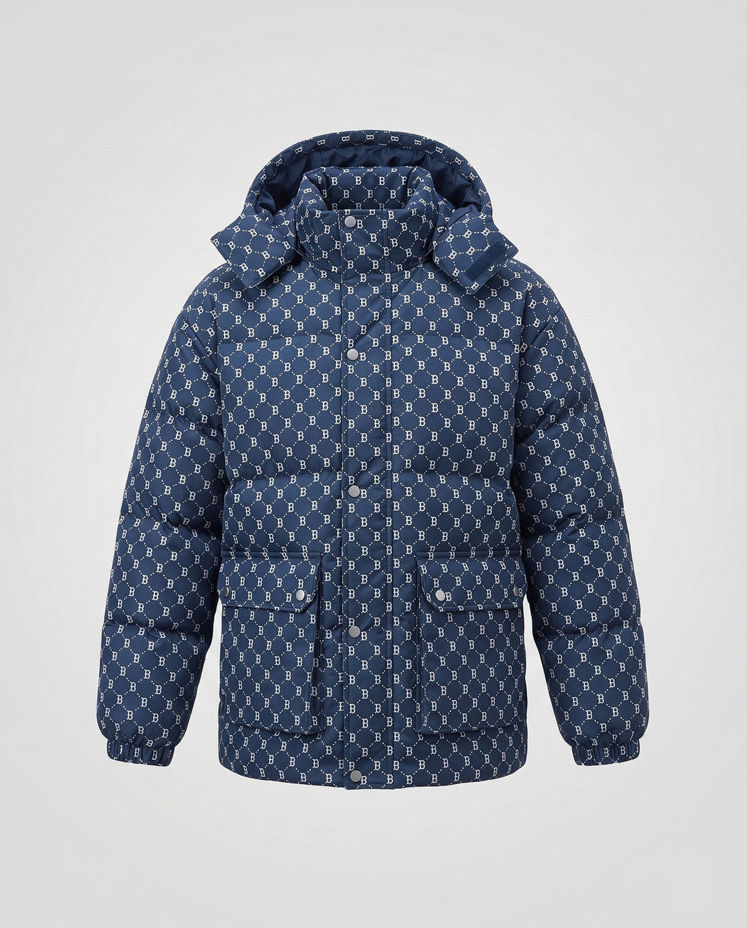 Men's quilted oversized parka with hood, allover monogram, snap button placket, and large patch pockets