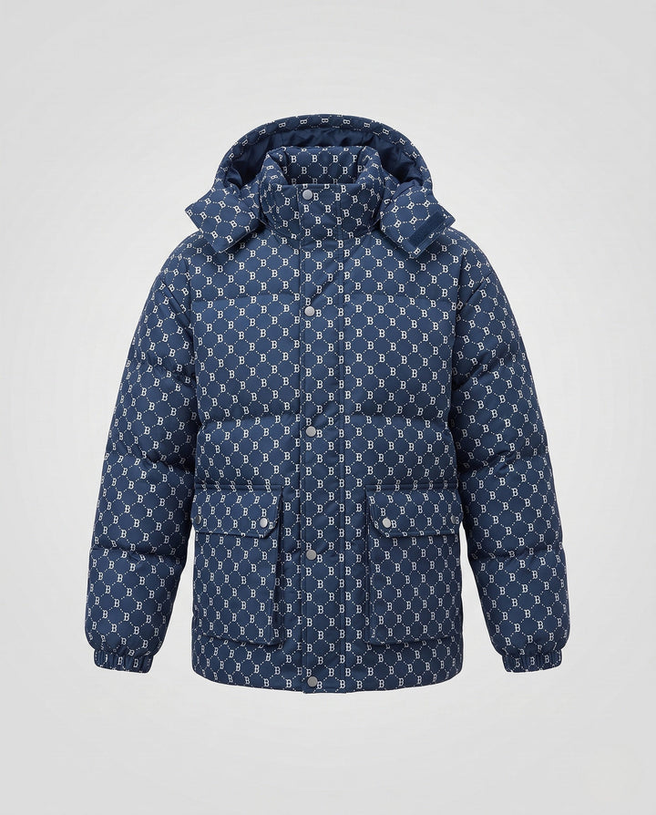 Men's quilted oversized parka with hood, allover monogram, snap button placket, and large patch pockets