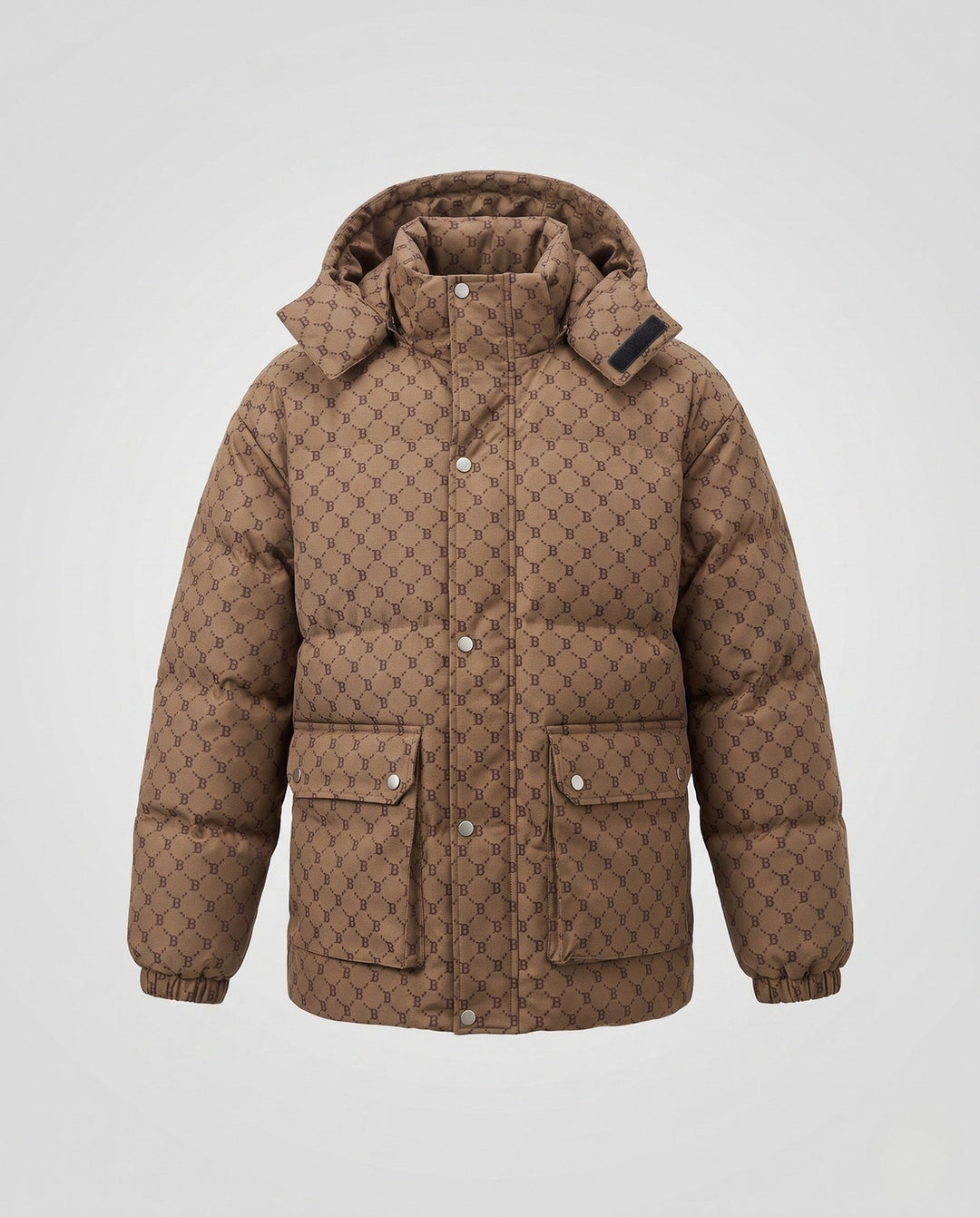 Men's quilted oversized parka with hood, allover monogram, snap button placket, and large patch pockets
