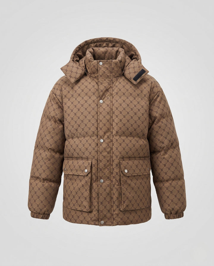 Men's quilted oversized parka with hood, allover monogram, snap button placket, and large patch pockets