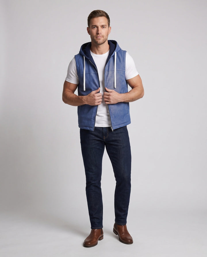 Men's hooded vest with full zip, contrast cord and patch pockets