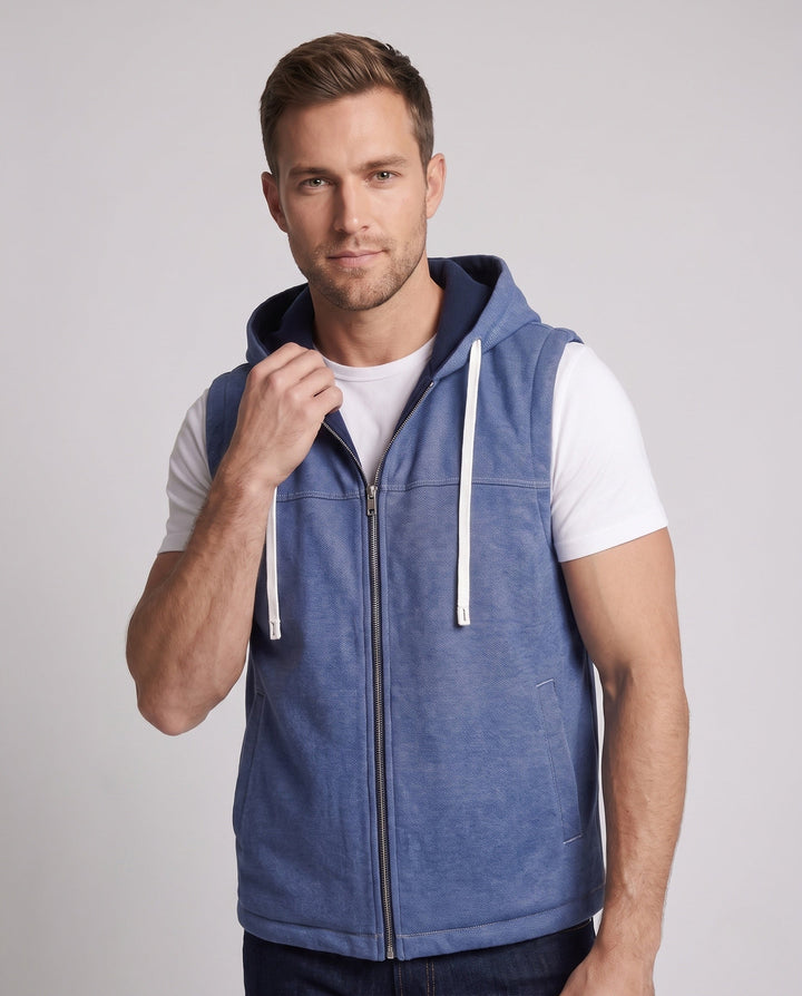 Men's hooded vest with full zip, contrast cord and patch pockets