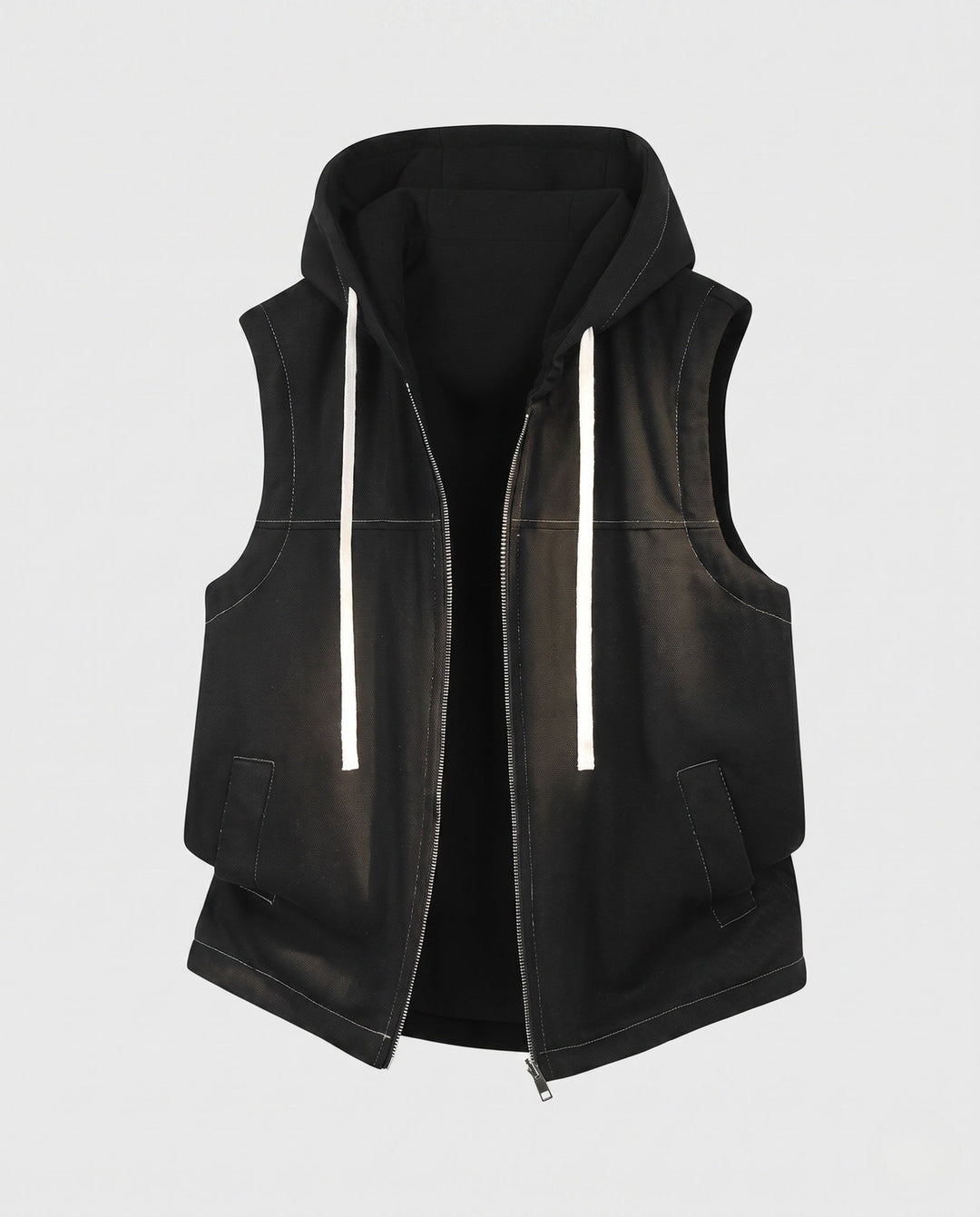 Men's hooded vest with full zip, contrast cord and patch pockets