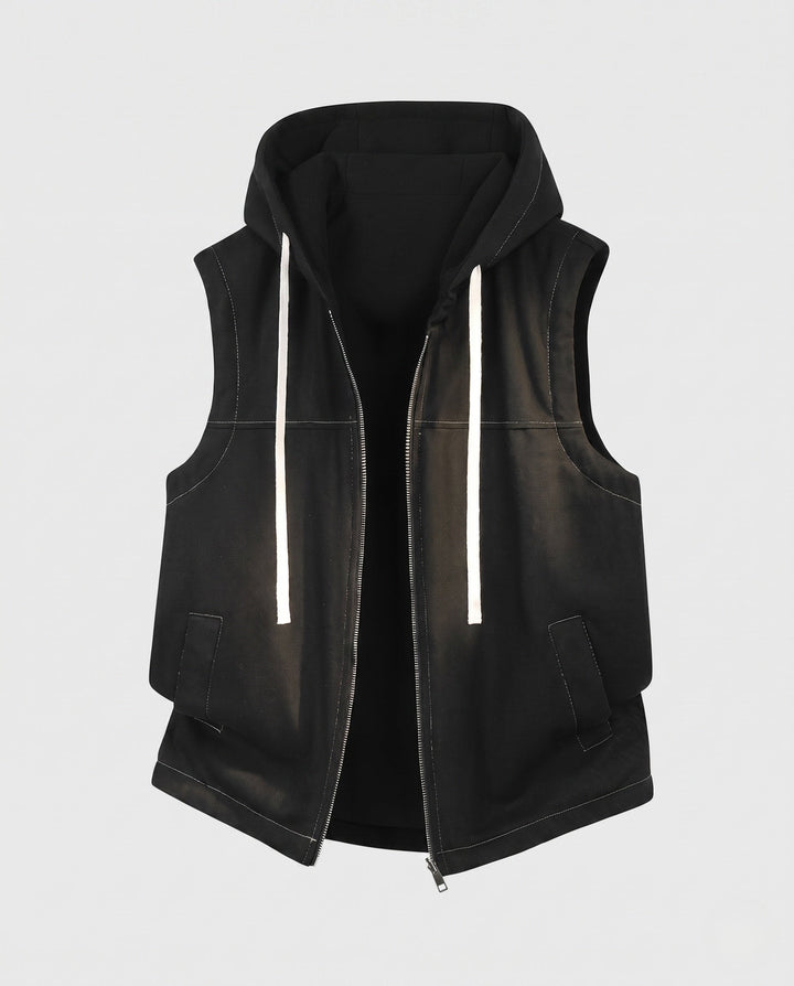 Men's hooded vest with full zip, contrast cord and patch pockets