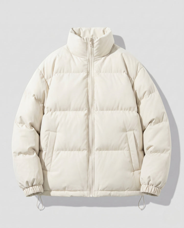 Men's short-cut quilted puffer with high stand-up collar and elastic cuffs