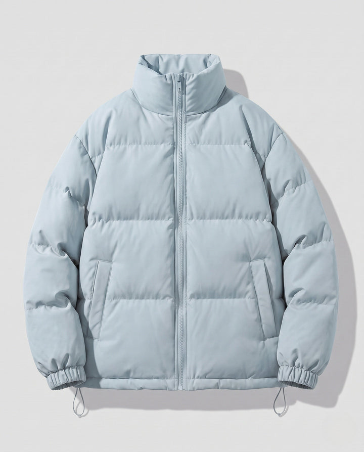 Men's short-cut quilted puffer with high stand-up collar and elastic cuffs