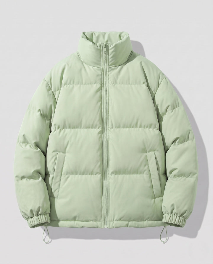 Men's short-cut quilted puffer with high stand-up collar and elastic cuffs