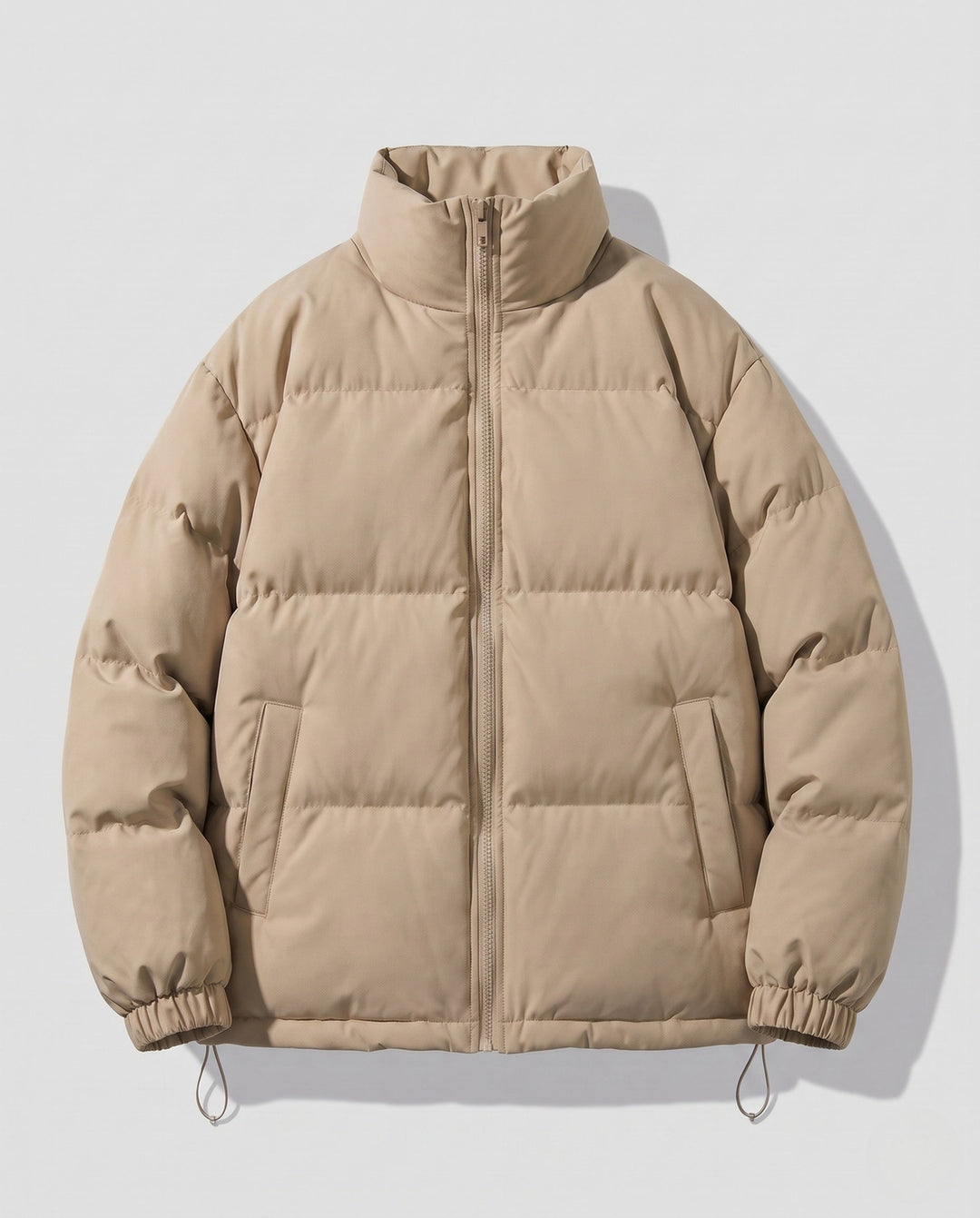 Men's short-cut quilted puffer with high stand-up collar and elastic cuffs