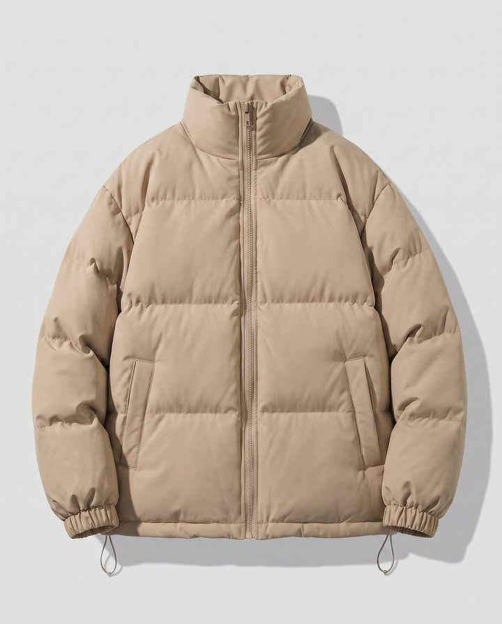 Men's short-cut quilted puffer with high stand-up collar and elastic cuffs