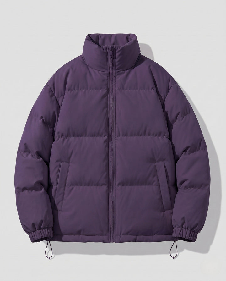 Men's short-cut quilted puffer with high stand-up collar and elastic cuffs