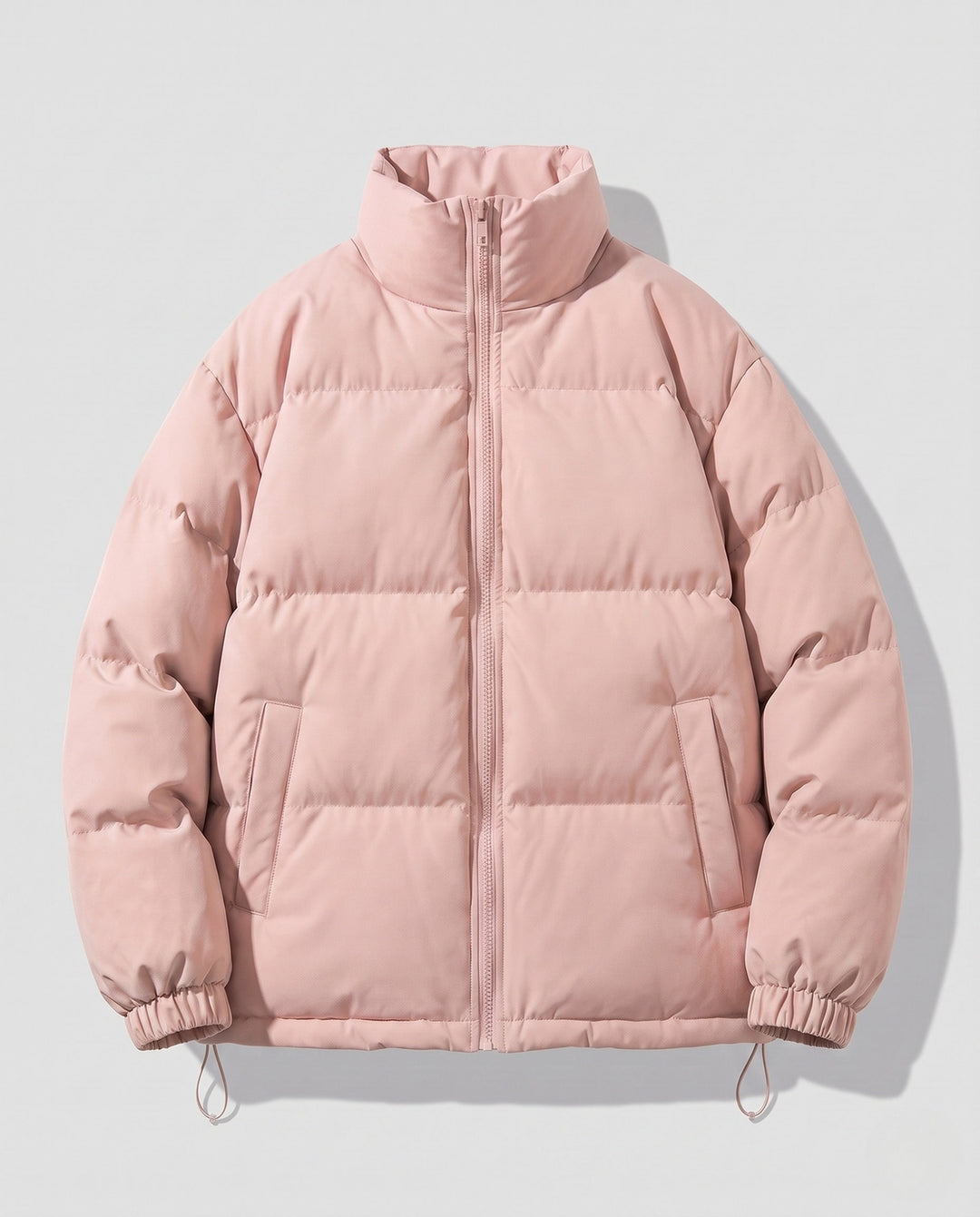 Men's short-cut quilted puffer with high stand-up collar and elastic cuffs