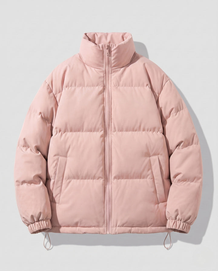 Men's short-cut quilted puffer with high stand-up collar and elastic cuffs