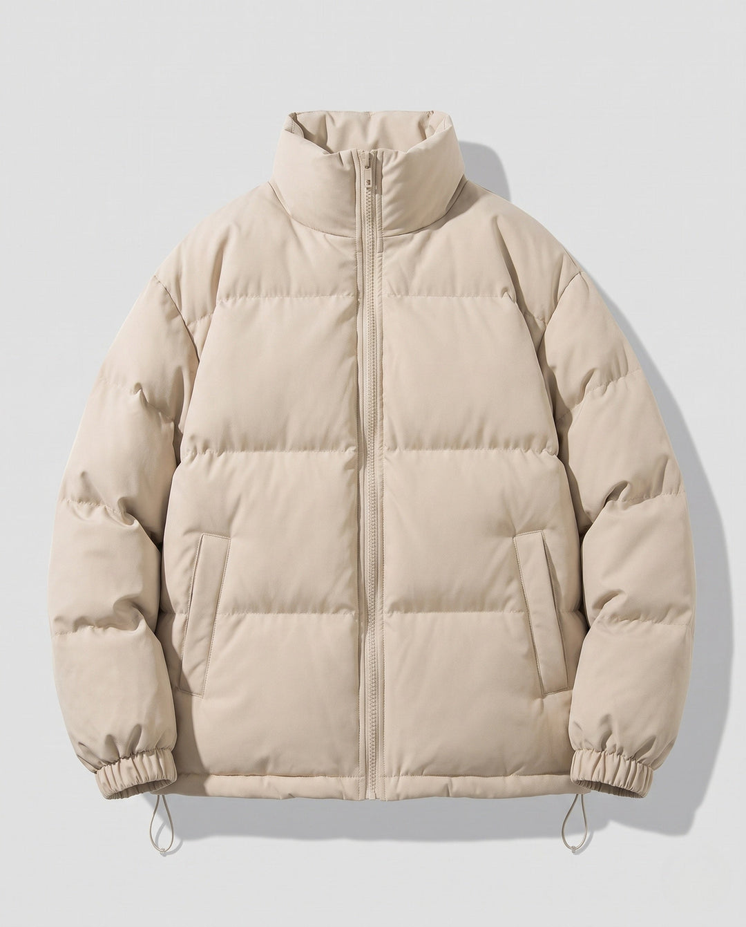 Men's short-cut quilted puffer with high stand-up collar and elastic cuffs