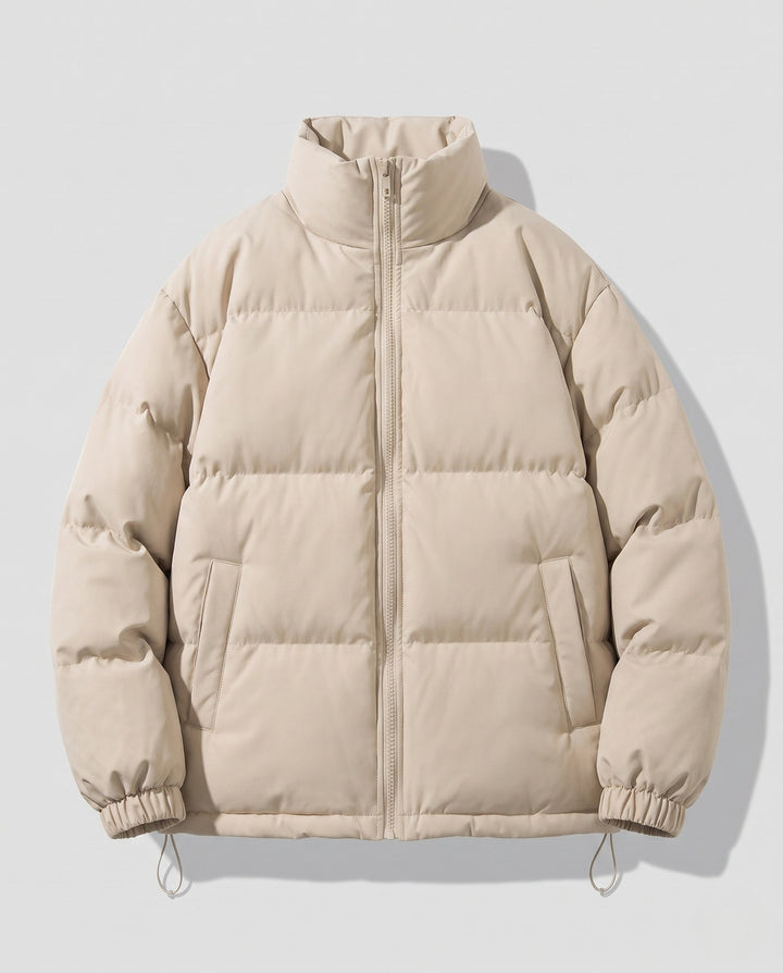Men's short-cut quilted puffer with high stand-up collar and elastic cuffs