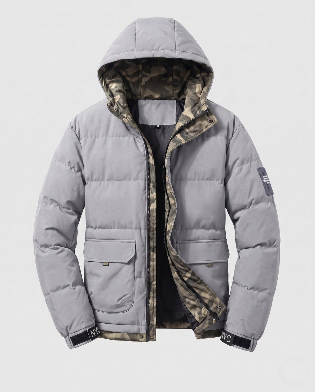 Men's short thermal quilted parka with hood, applied flap pockets, concealed front placket, and camouflage-lined interior