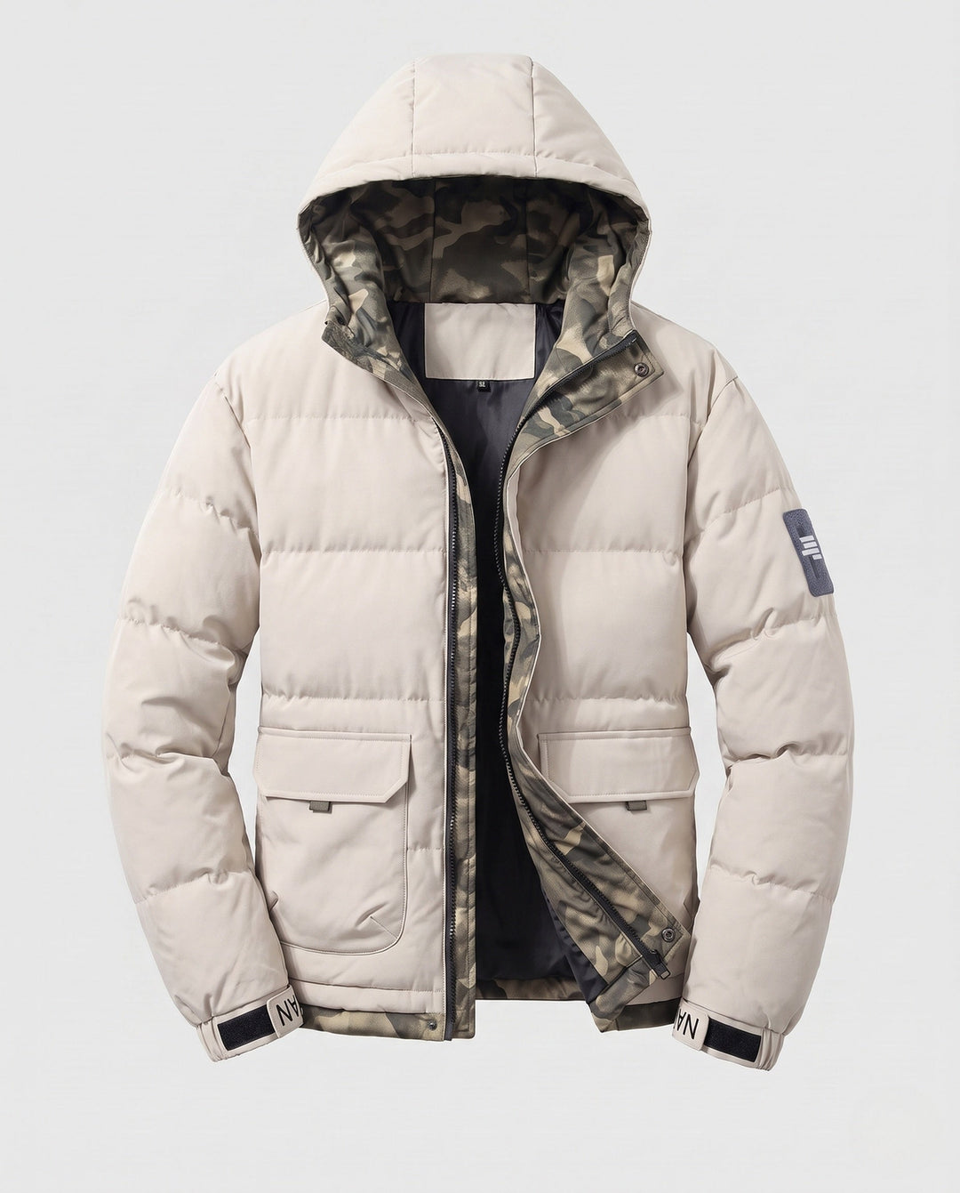 Men's short thermal quilted parka with hood, applied flap pockets, concealed front placket, and camouflage-lined interior