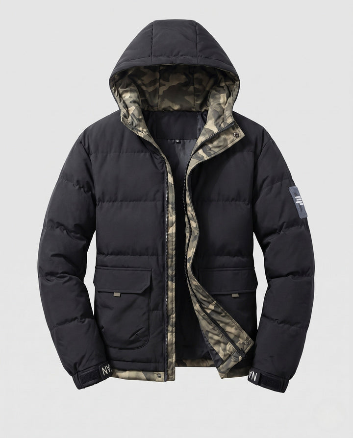 Men's short thermal quilted parka with hood, applied flap pockets, concealed front placket, and camouflage-lined interior