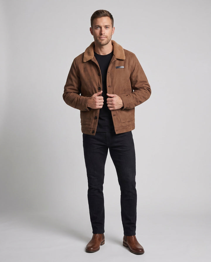 Men's cozy pilot jacket with teddy collar, quilted lining and patch pockets