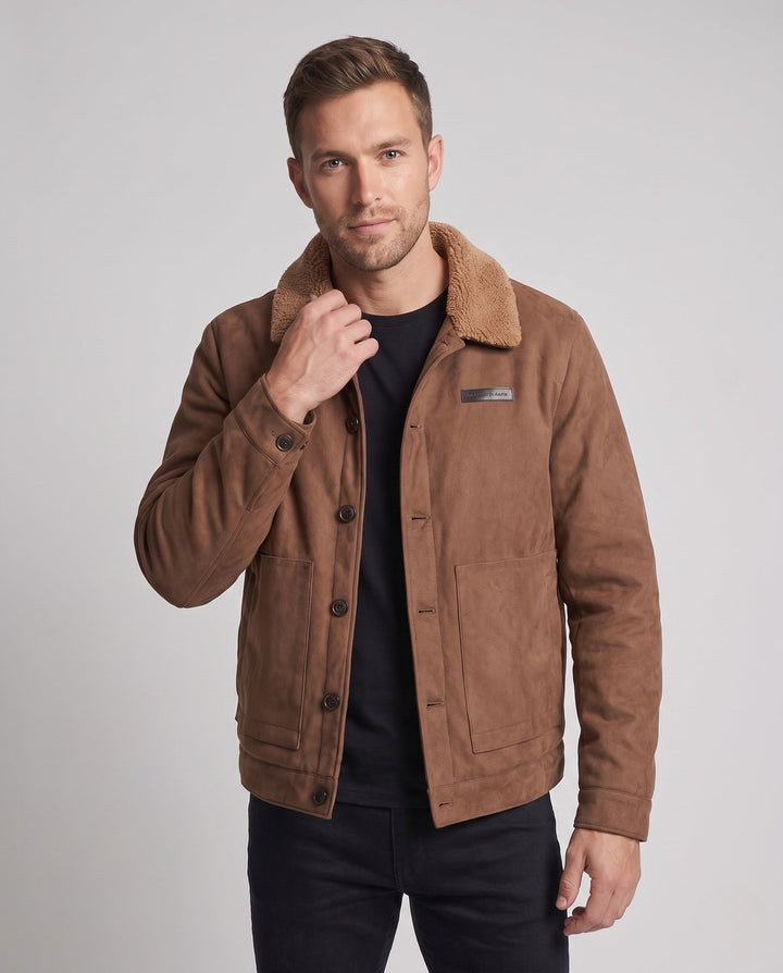 Men's cozy pilot jacket with teddy collar, quilted lining and patch pockets