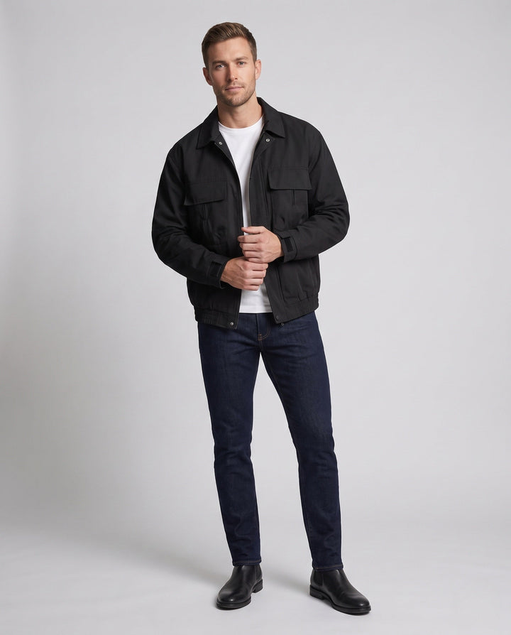 Men's casual field jacket with chest flap pockets, elastic hem, and zipper