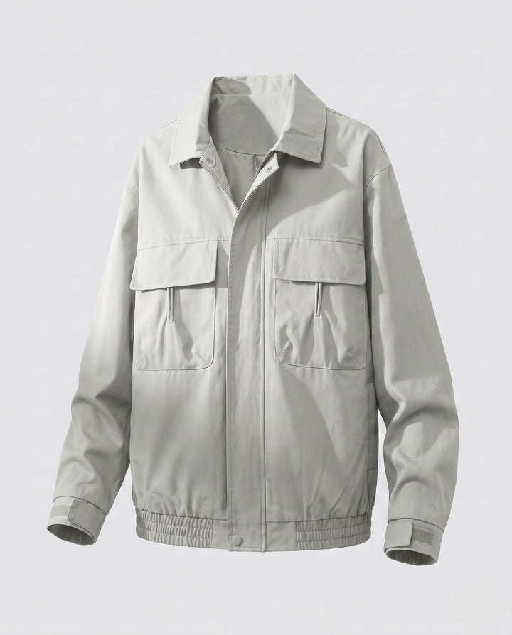 Men's casual field jacket with chest flap pockets, elastic hem, and zipper