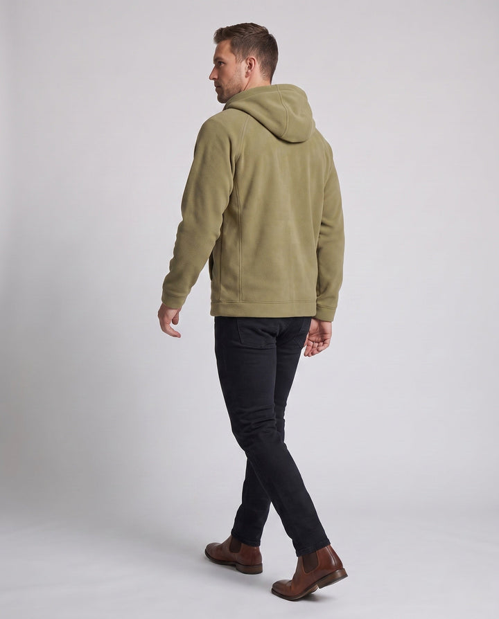 Men's casual fleece hoodie jacket with full zip, chest zipper, and elastic cuffs