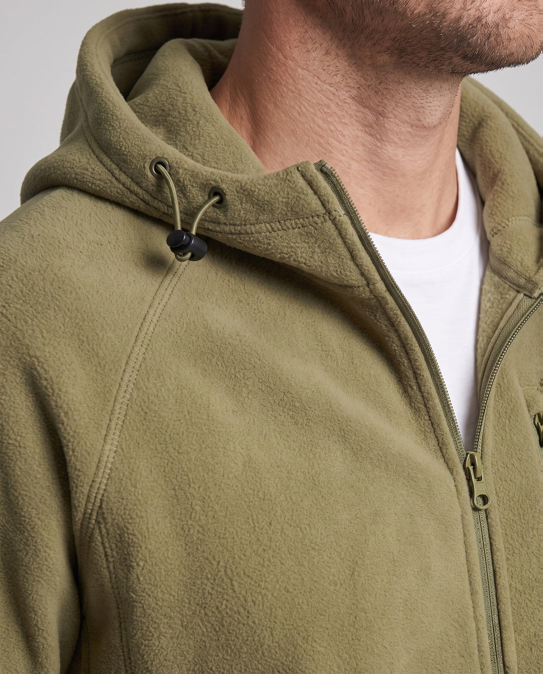Men's casual fleece hoodie jacket with full zip, chest zipper, and elastic cuffs