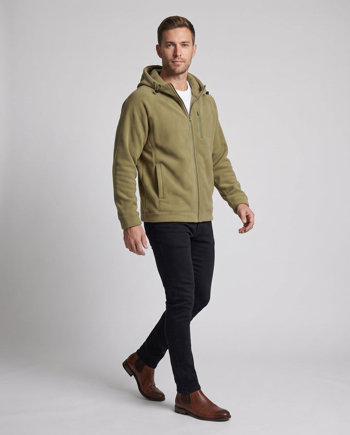 Men's casual fleece hoodie jacket with full zip, chest zipper, and elastic cuffs