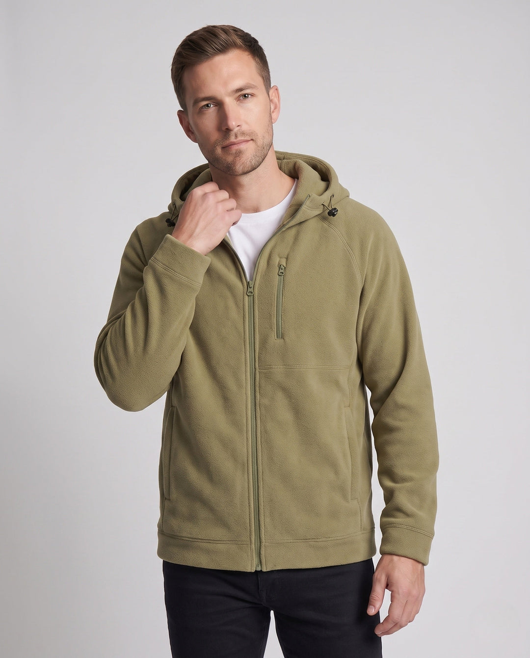 Men's casual fleece hoodie jacket with full zip, chest zipper, and elastic cuffs