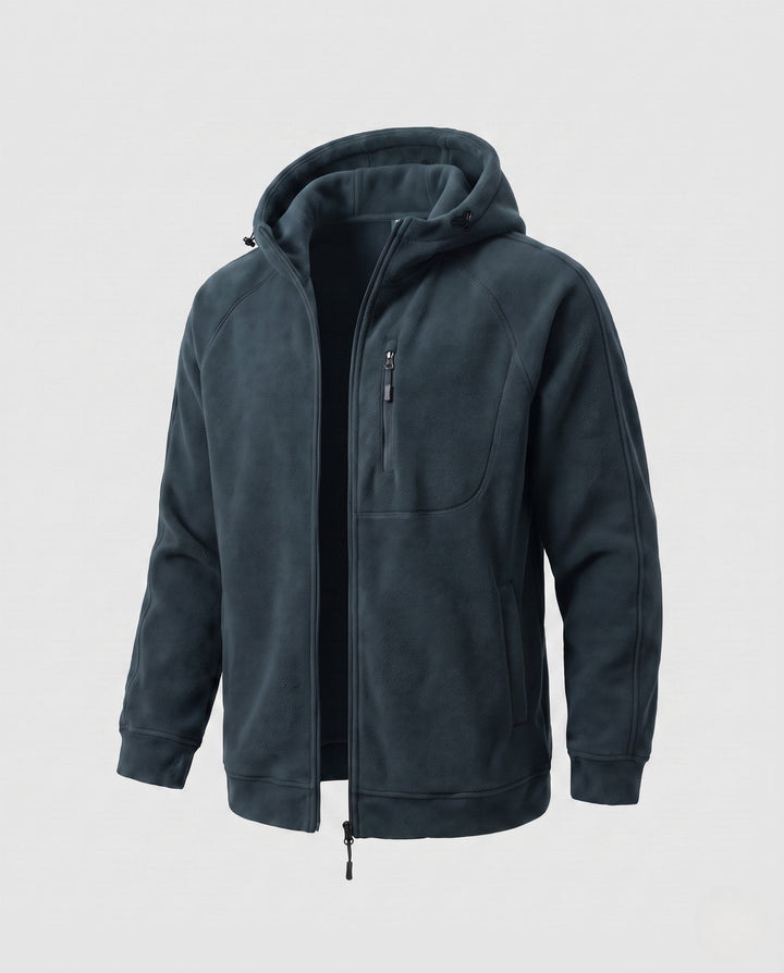 Men's casual fleece hoodie jacket with full zip, chest zipper, and elastic cuffs