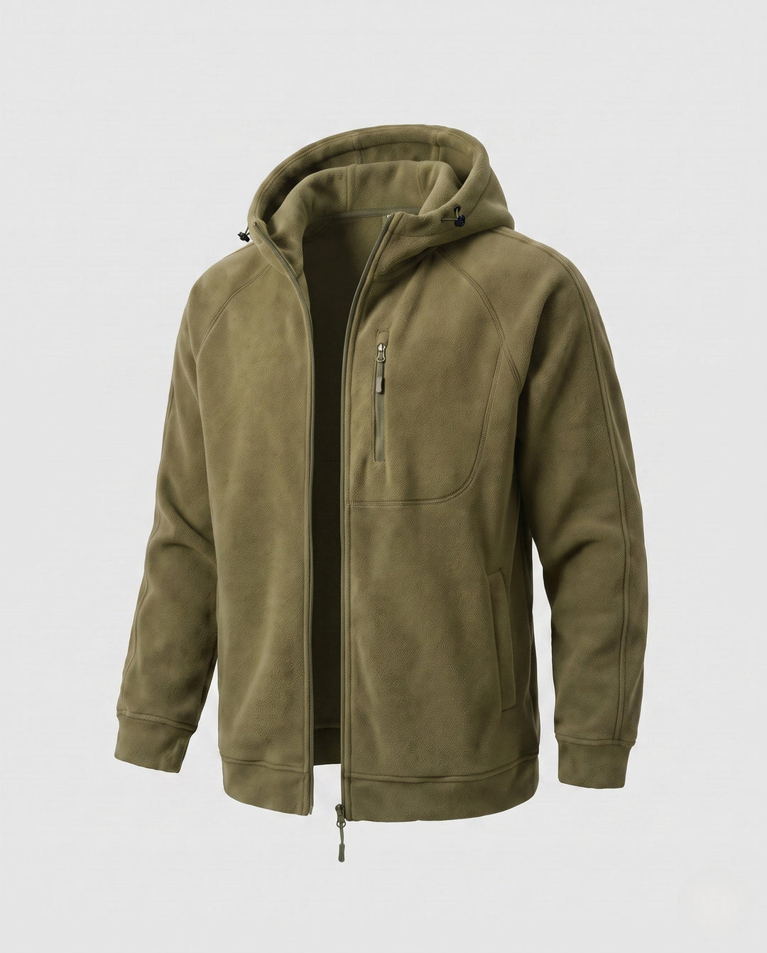 Men's casual fleece hoodie jacket with full zip, chest zipper, and elastic cuffs