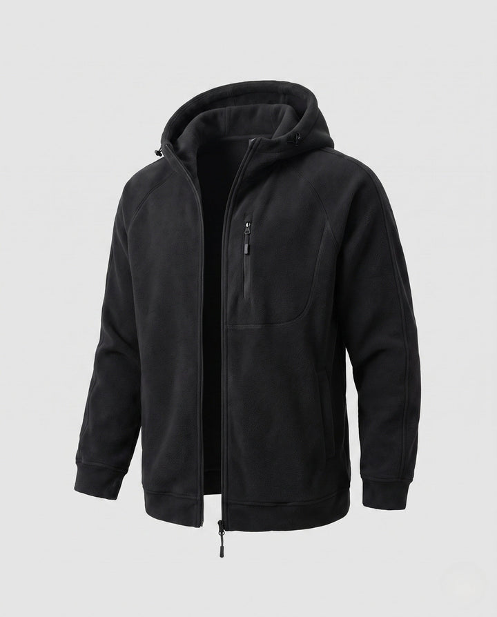 Men's casual fleece hoodie jacket with full zip, chest zipper, and elastic cuffs