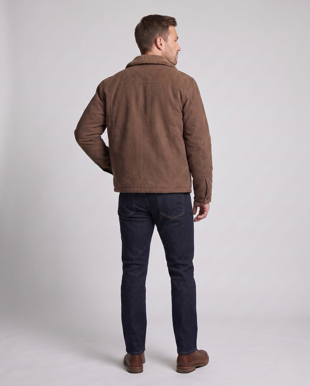 Men's casual jacket with faux fur collar, fleece inner lining and concealed zipper