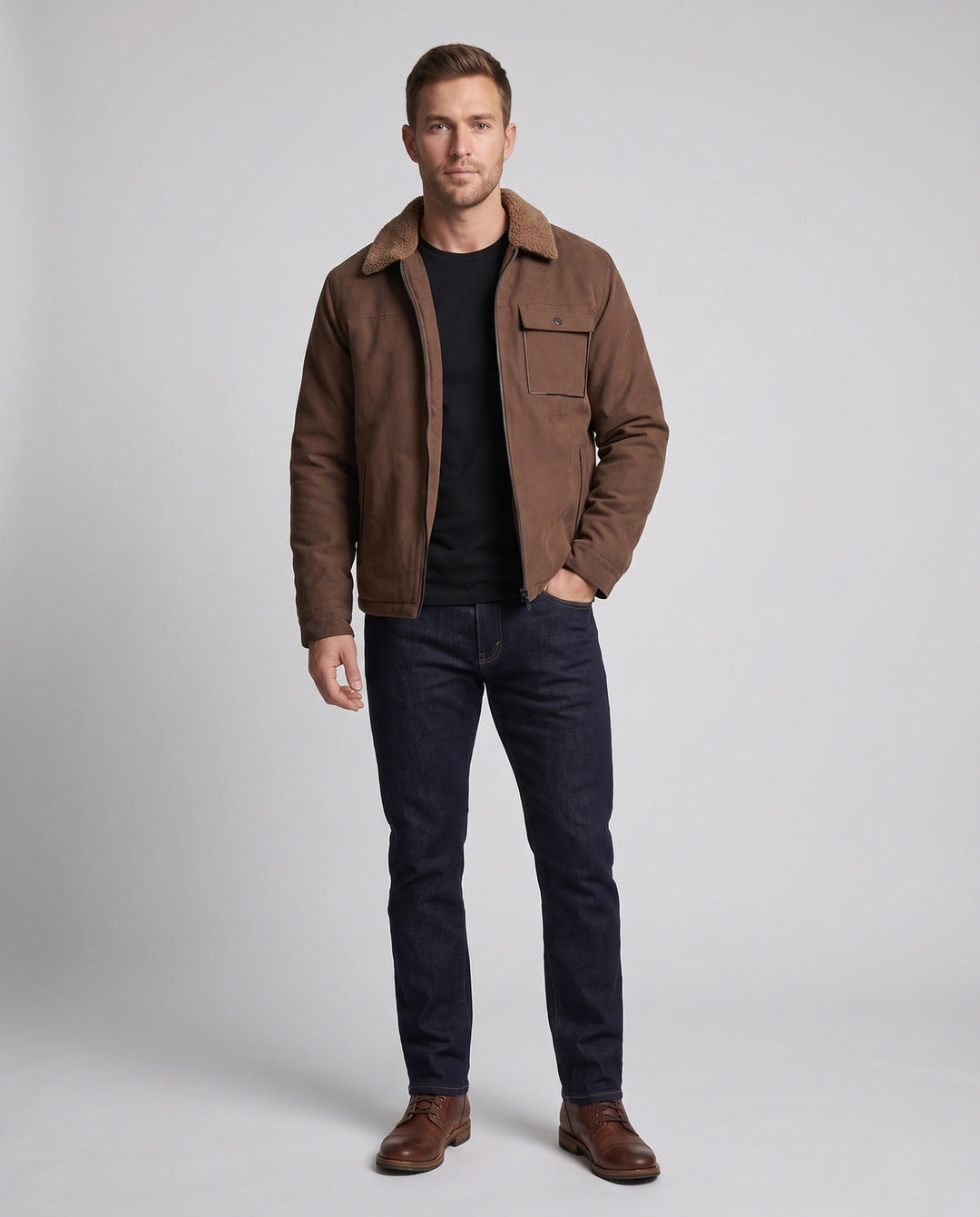 Men's casual jacket with faux fur collar, fleece inner lining and concealed zipper
