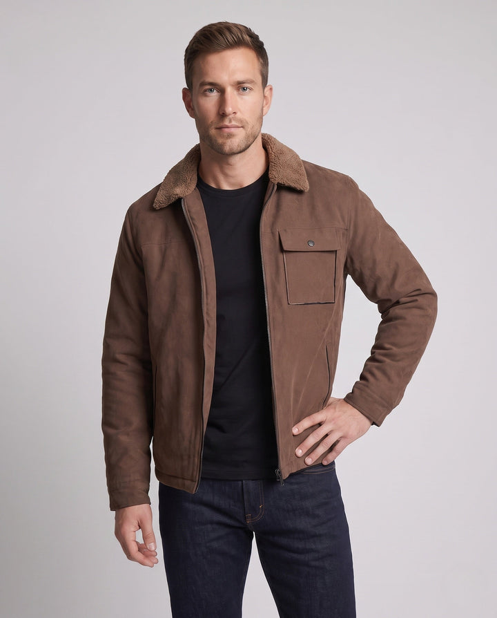 Men's casual jacket with faux fur collar, fleece inner lining and concealed zipper