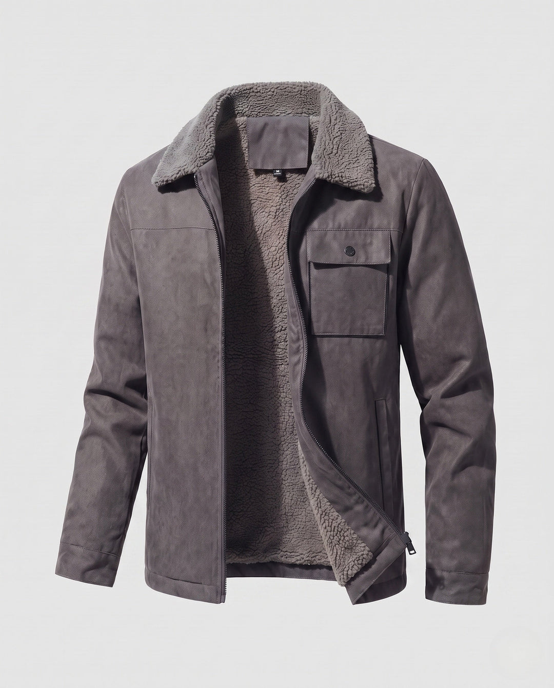 Men's casual jacket with faux fur collar, fleece inner lining and concealed zipper