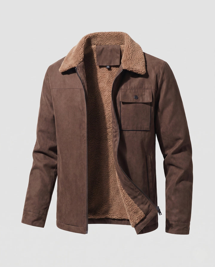 Men's casual jacket with faux fur collar, fleece inner lining and concealed zipper