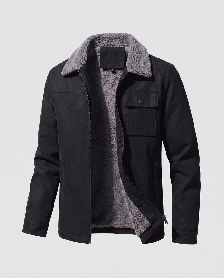 Men's casual jacket with faux fur collar, fleece inner lining and concealed zipper