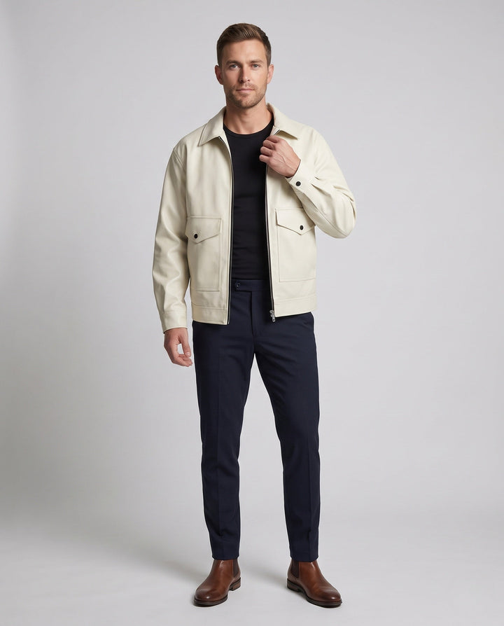 Men's casual boxy faux leather jacket with shirt collar, flap pockets, and two-way zipper