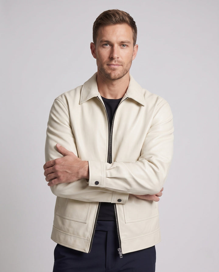 Men's casual boxy faux leather jacket with shirt collar, flap pockets, and two-way zipper