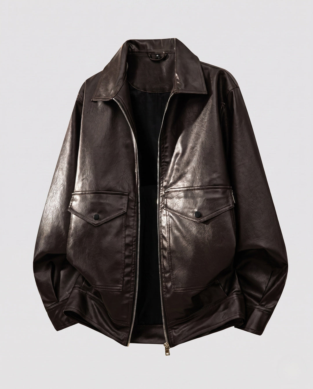 Men's casual boxy faux leather jacket with shirt collar, flap pockets, and two-way zipper
