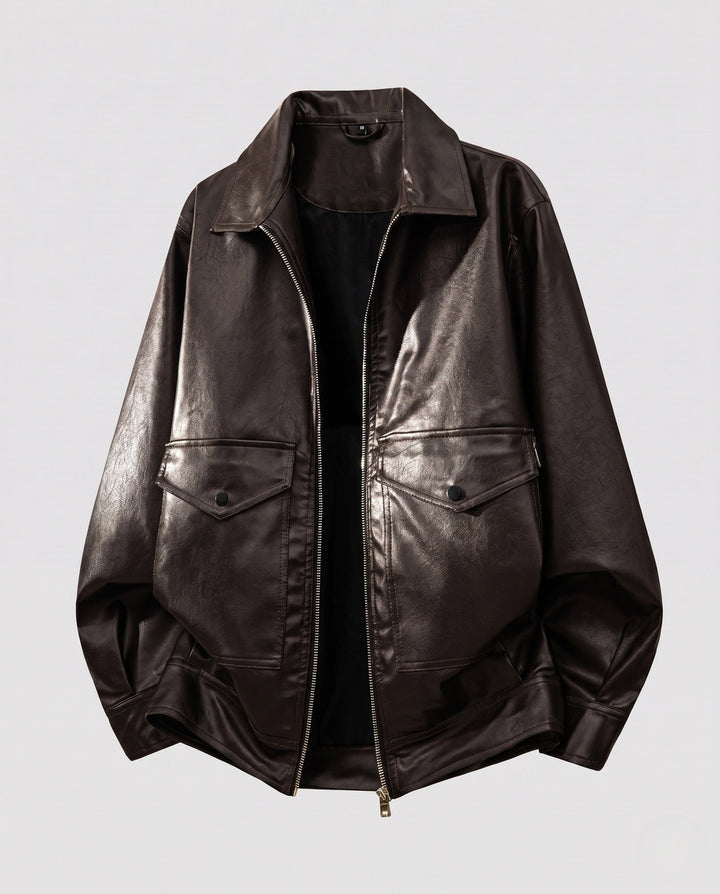 Men's casual boxy faux leather jacket with shirt collar, flap pockets, and two-way zipper