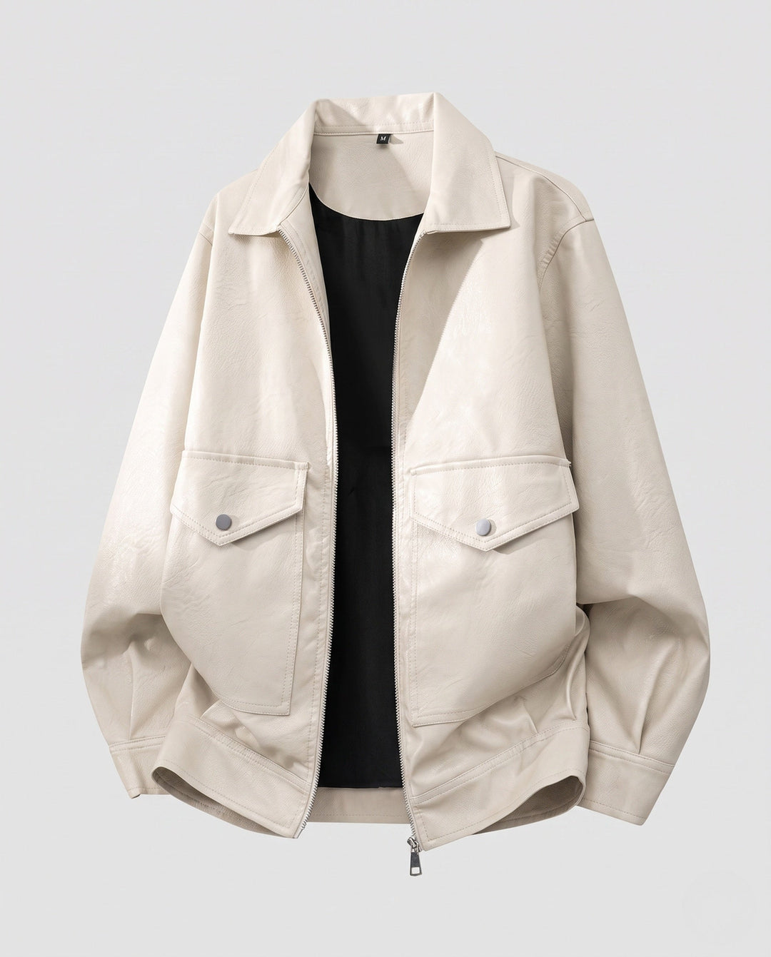 Men's casual boxy faux leather jacket with shirt collar, flap pockets, and two-way zipper