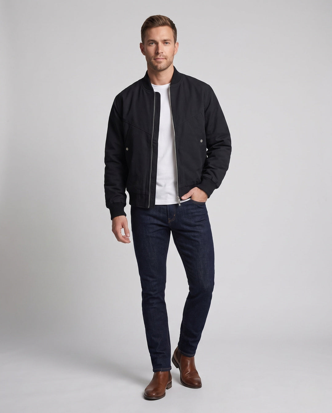 Men's casual velvet-look blouson with two-way zipper, ribbed cuffs, and concealed flap pockets